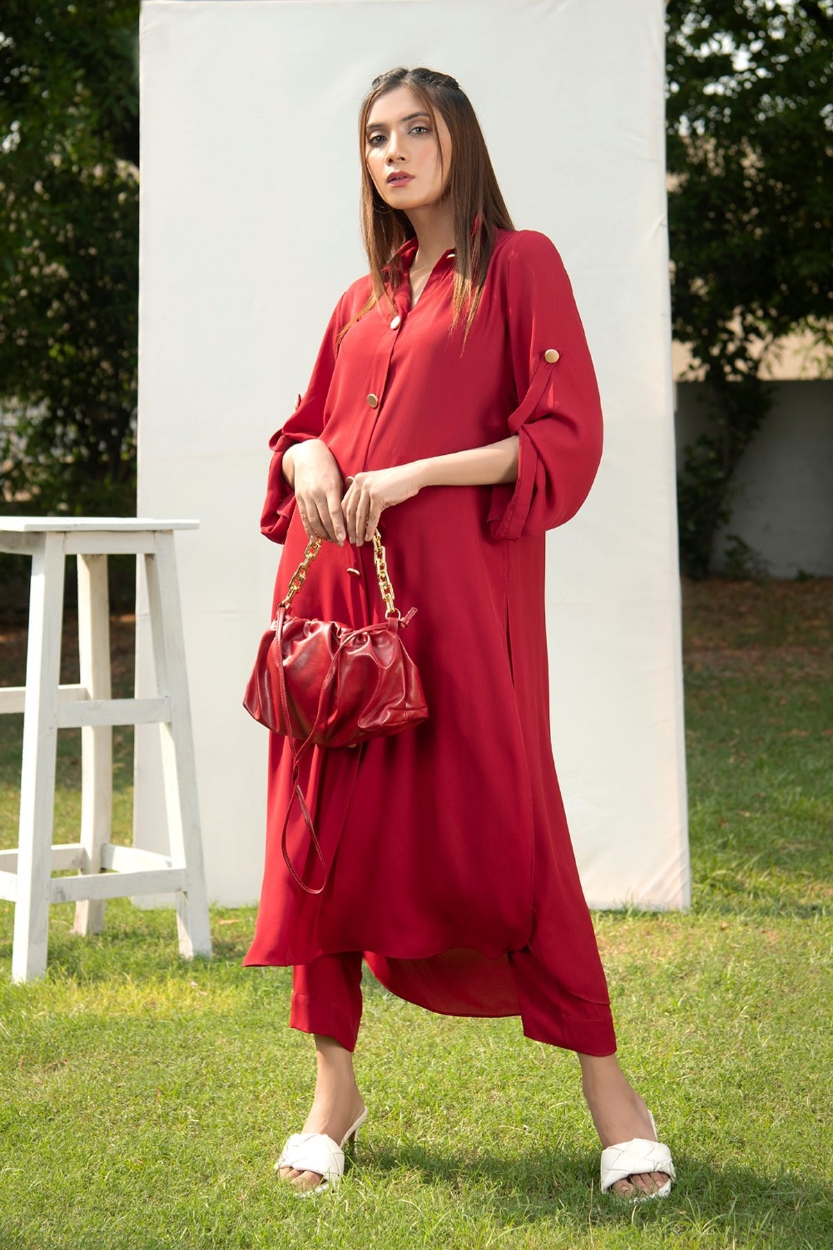 Solid Red Buttoned Dress - Peach Republic