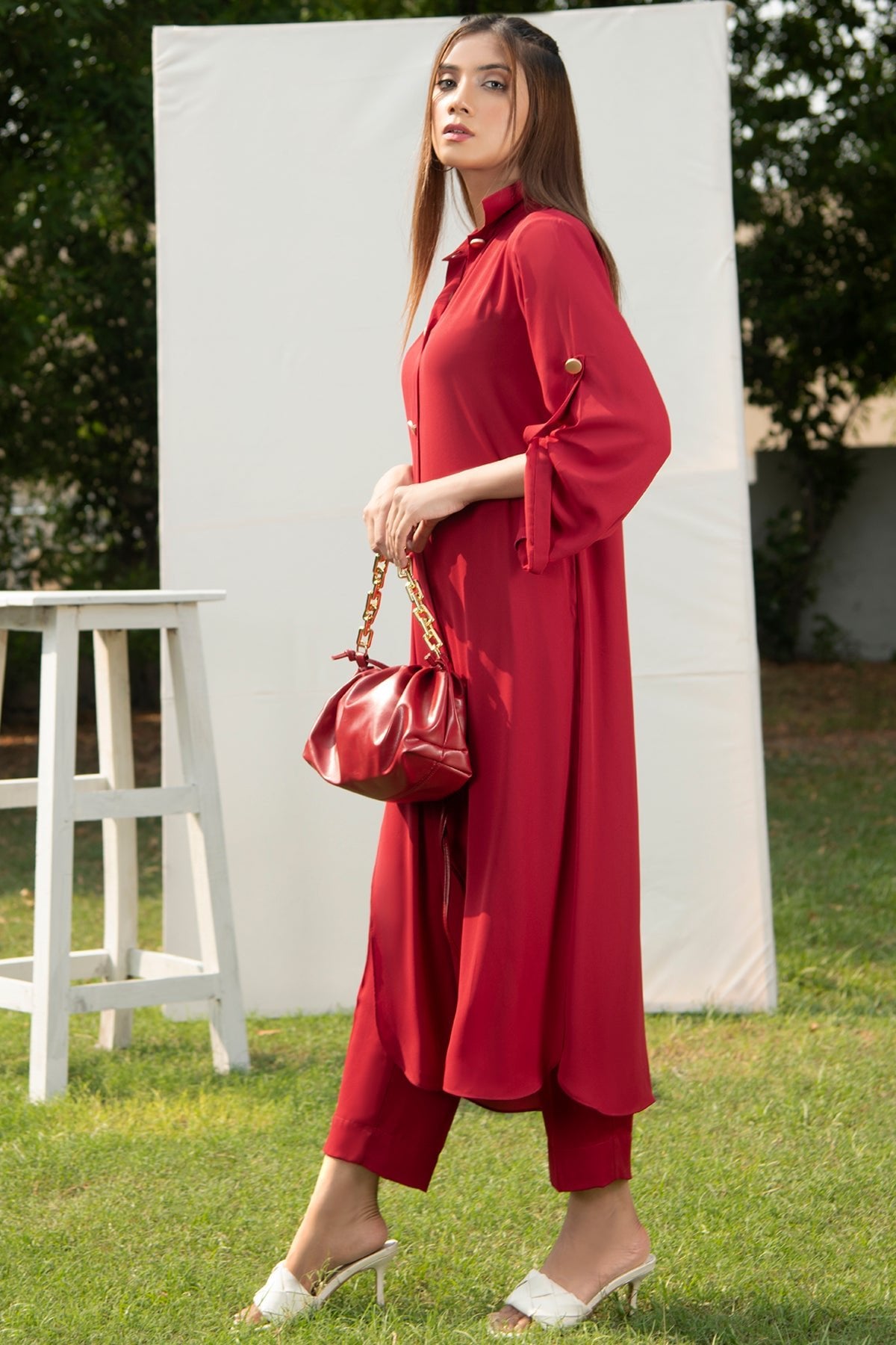 Solid Red Buttoned Dress - Peach Republic